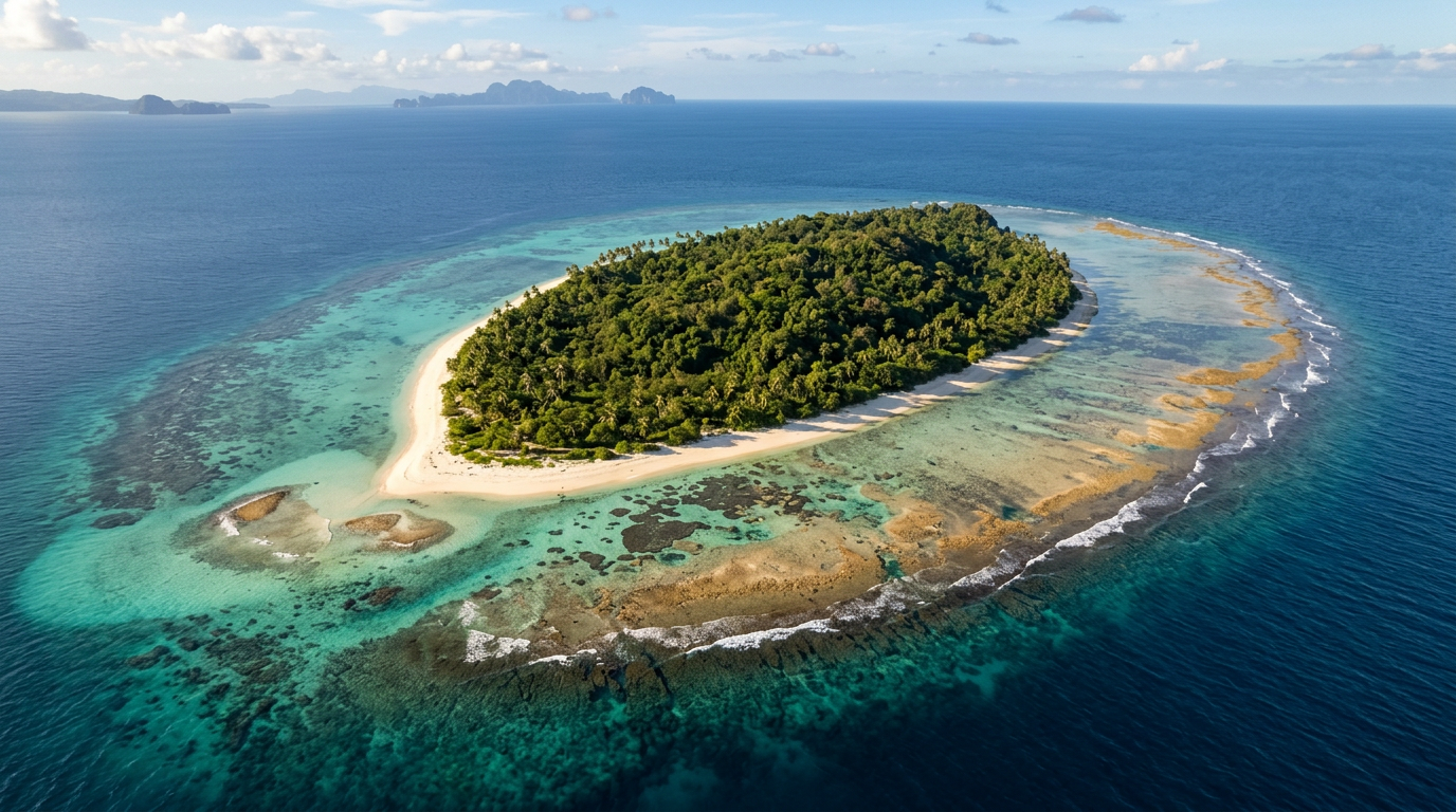 Aerial portrait of an island ringed by coral reef