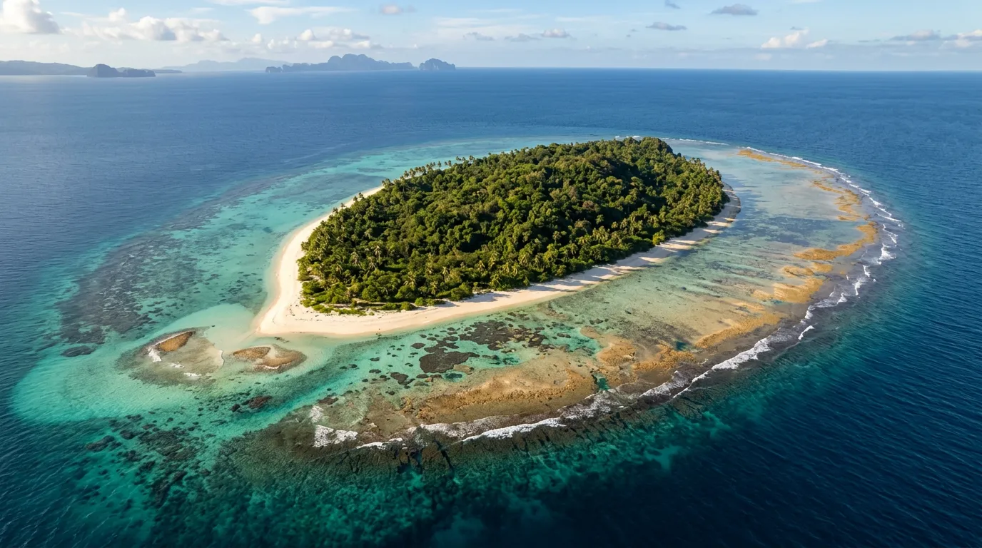 Aerial view of a Balabac island ringed by coral reef