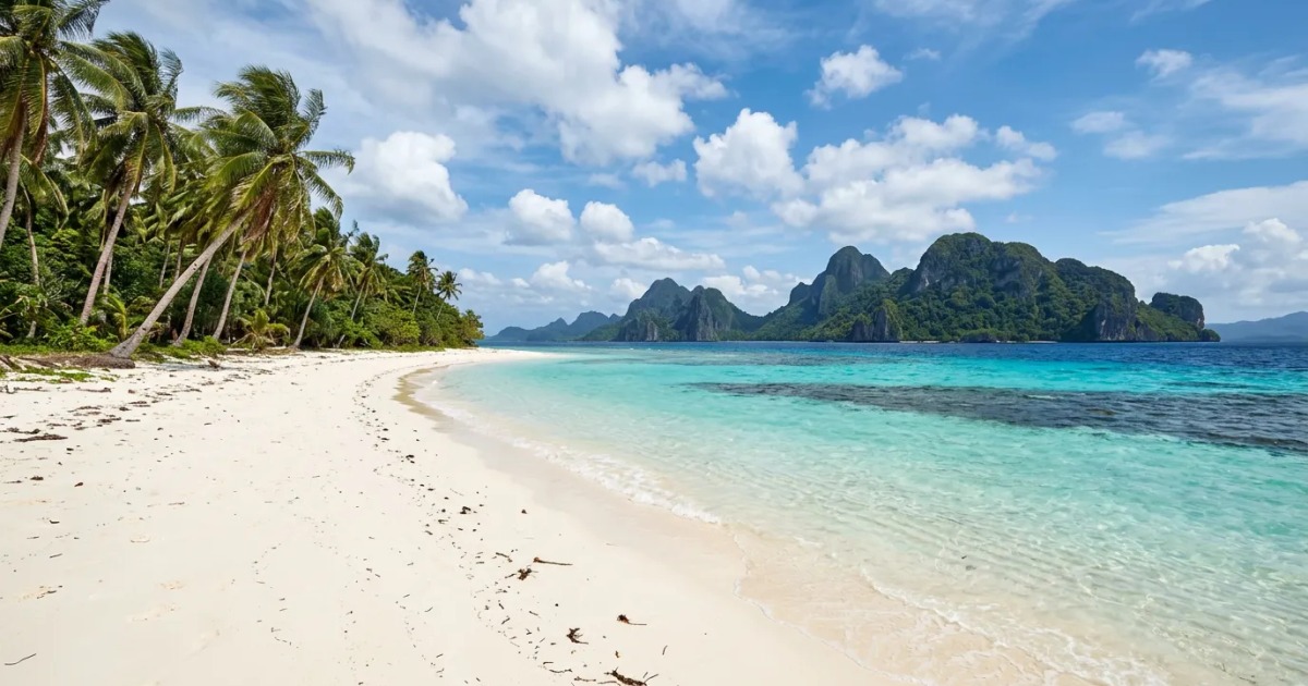 Panoramic landscape of a Balabac beach and turquoise sea