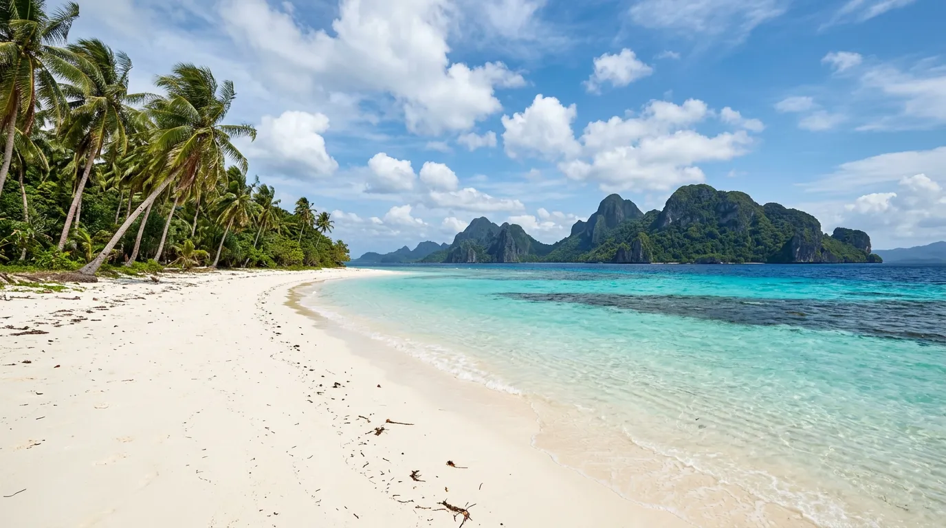 Panoramic landscape of a Balabac beach and turquoise sea