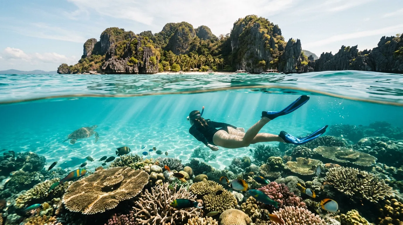 Snorkeller above a living coral garden