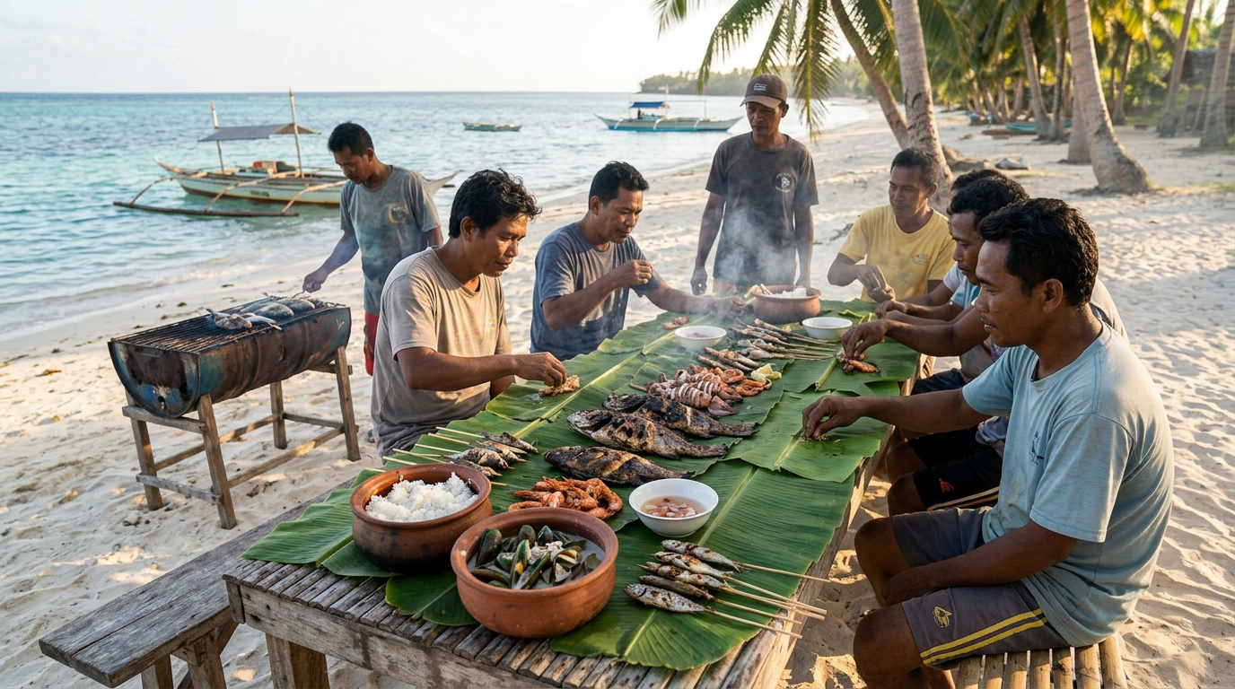 A spread of freshly grilled seafood served on banana leaves
